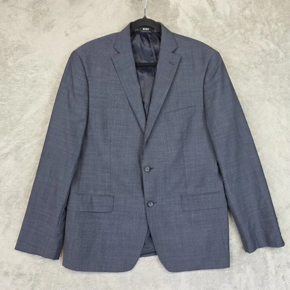 DKNY Blazer Mens 44R Blue Check Wool Two Button Sport Coat Suit Jacket Stretch